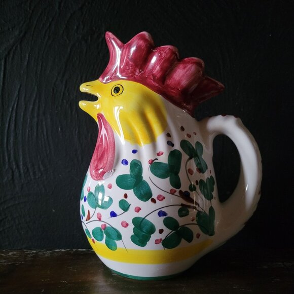 Vintage Hand-Painted Rooster Pitcher 8.5" Ceramic Pottery Made In Italy 16 fl oz - Picture 1 of 7